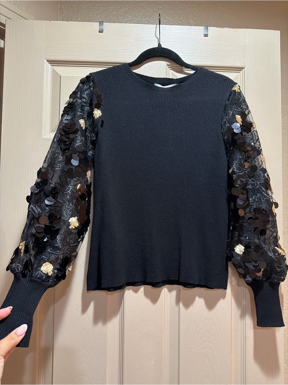 T.J.Maxx Black Knit Top with Sheer Puff Sleeves and Sequin Accents